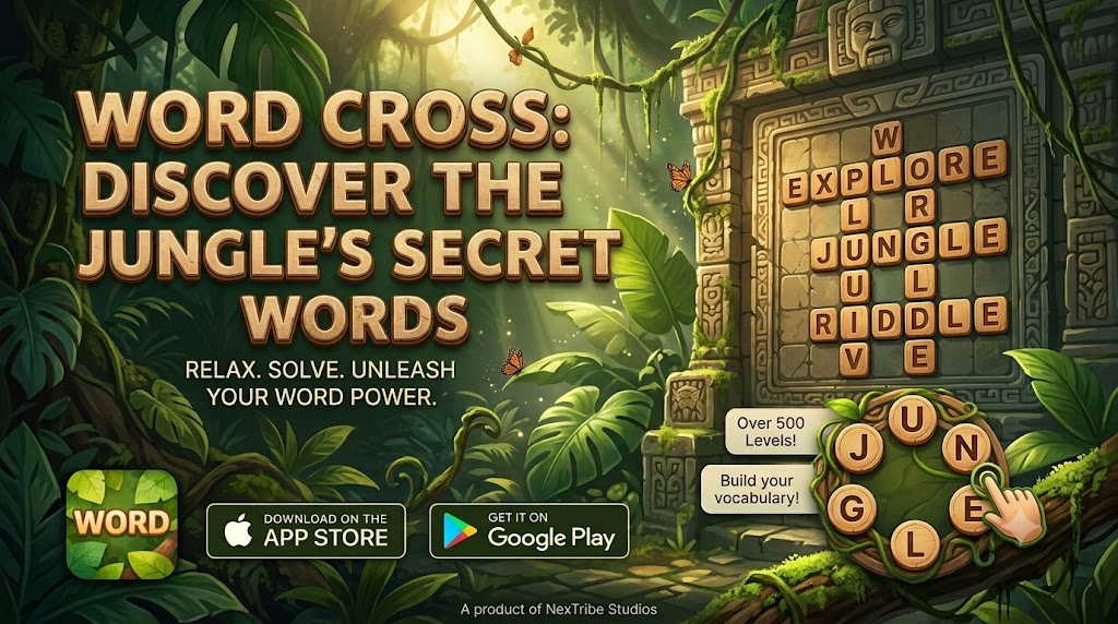 Word Cross key art — jungle temple crossword grid with letter wheel