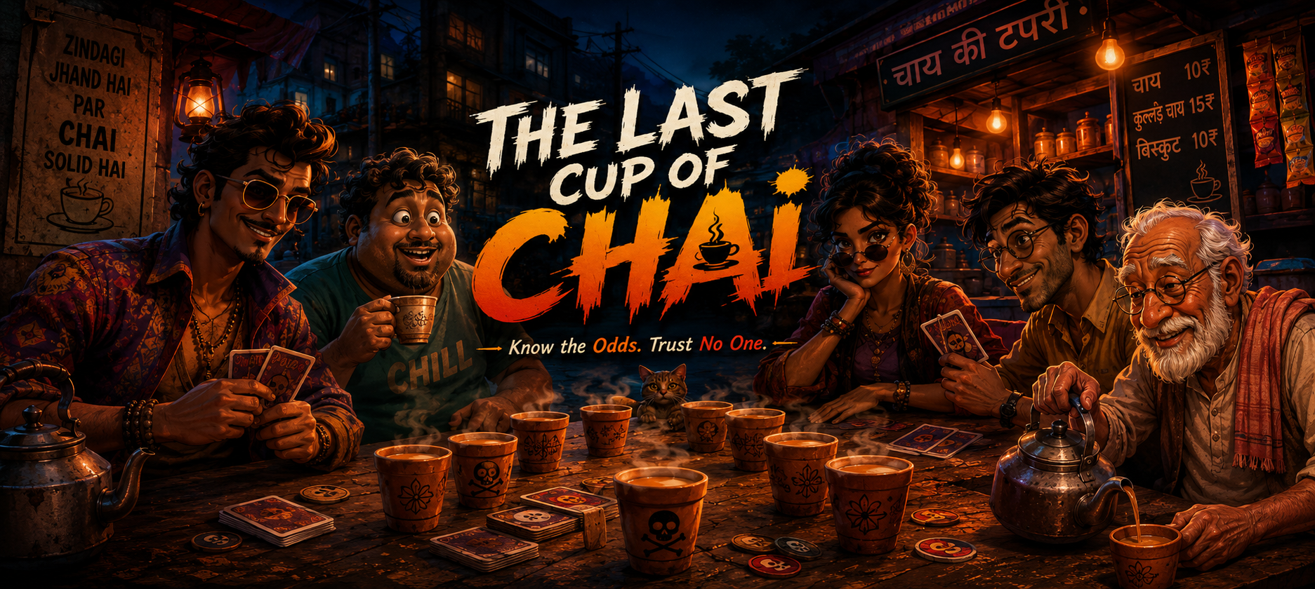 The Last Cup of Chai banner art — the table of players at a night tapri