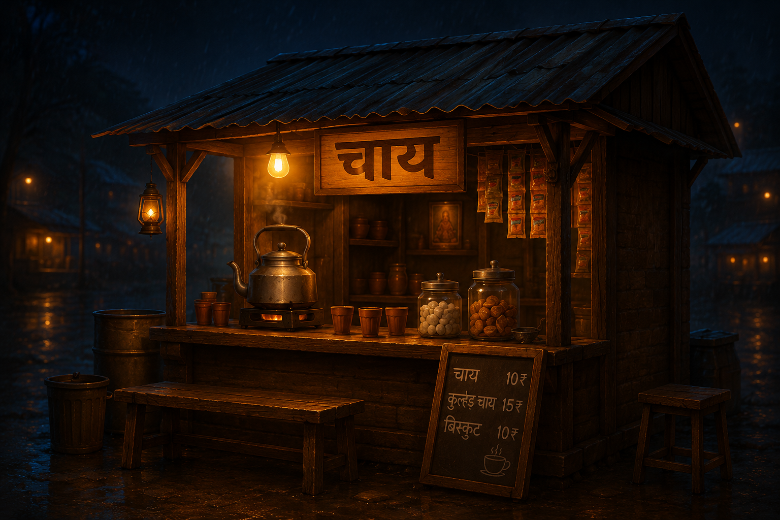 A rain-soaked chai stall at night, the setting of the game